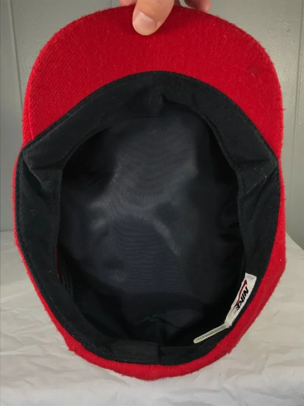 Vintage Nike Swoosh Logo Red Flat Cap XL Wool Newsboy Cabbie Golf Hat Made USA